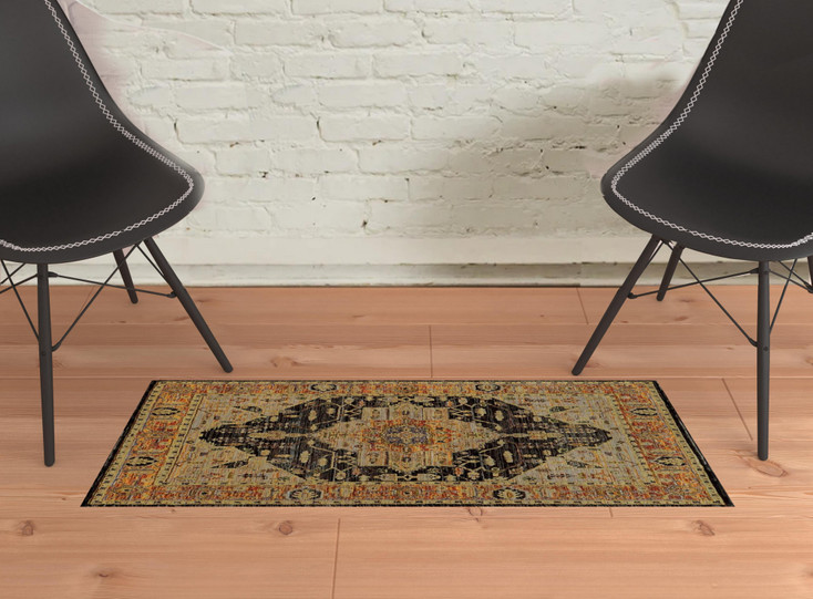 2' x 3' Gold Brown Grey Rust Green and Purple Oriental Power Loom Area Rug
