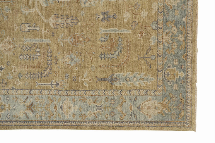 2' x 3' Gold Blue and Gray Wool Floral Hand Knotted Stain Resistant Area Rug with Fringe