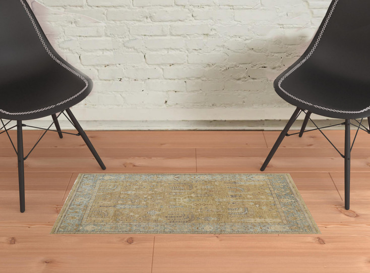 2' x 3' Gold Blue and Gray Wool Floral Hand Knotted Stain Resistant Area Rug with Fringe
