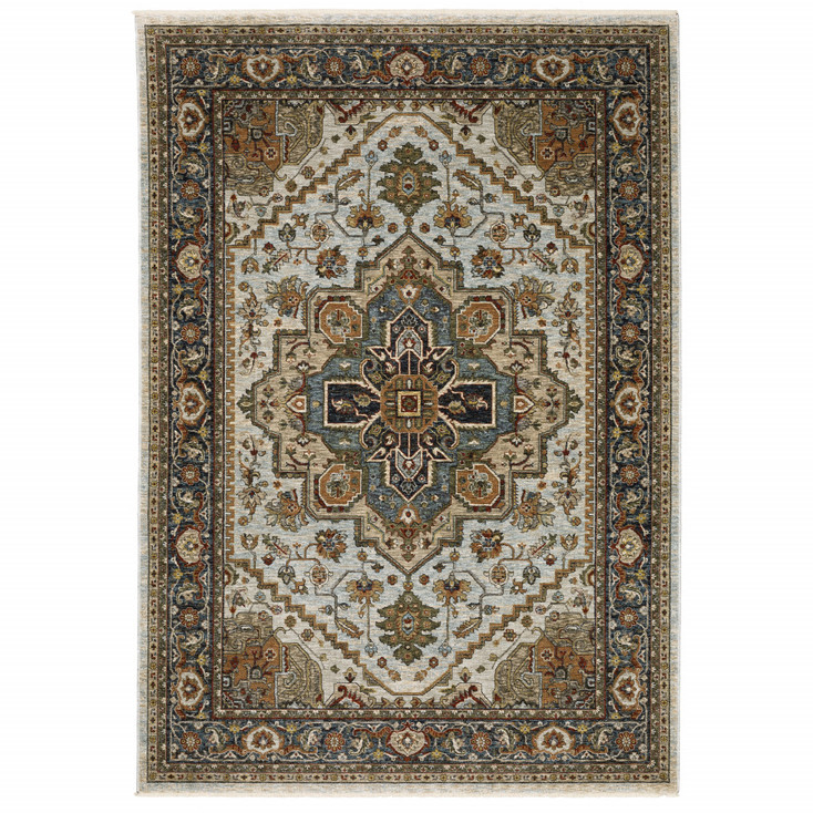 2' x 3' Ivory Beige Blue Orange Gold Green Grey and Rust Oriental Power Loom Area Rug