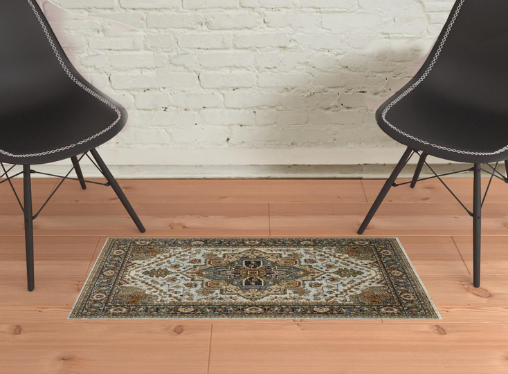 2' x 3' Ivory Beige Blue Orange Gold Green Grey and Rust Oriental Power Loom Area Rug