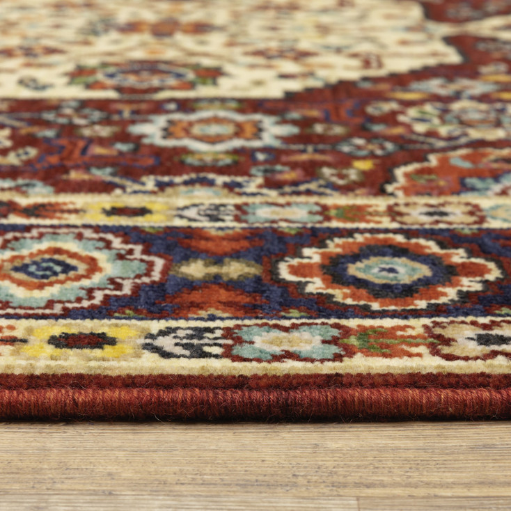 2' x 3' Red Ivory Blue and Orange Oriental Power Loom Area Rug with Fringe
