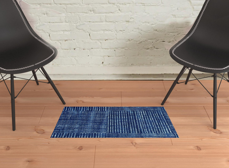 2' x 3' Navy Blue Striped Washable Area Rug with UV Protection