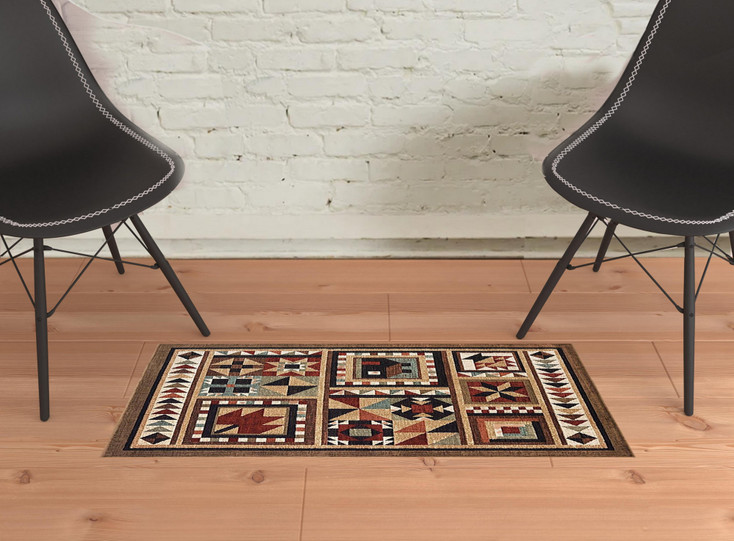 2' x 3' Brown and Red Ikat Patchwork Scatter Rug
