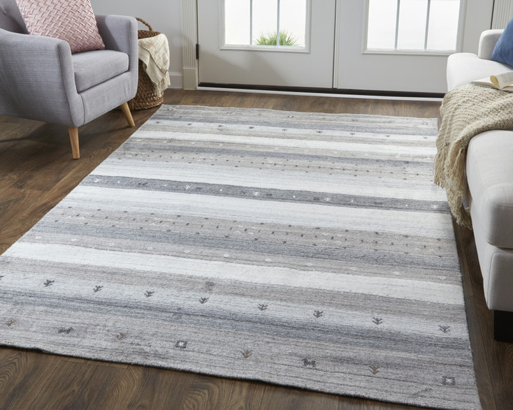 2' x 3' Gray Silver and Black Wool Striped Hand Knotted Stain Resistant Area Rug