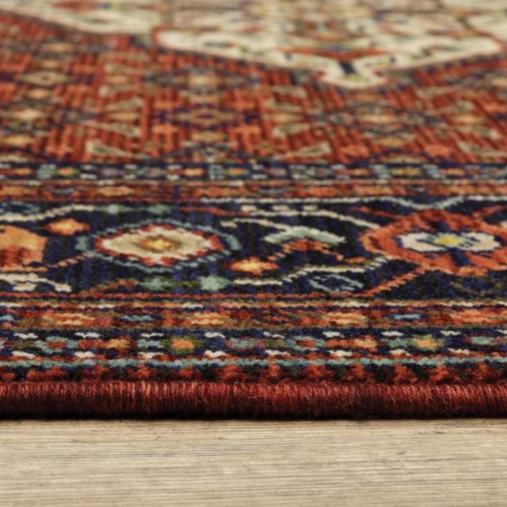 2' x 3' Red Blue Ivory and Orange Oriental Power Loom Area Rug with Fringe