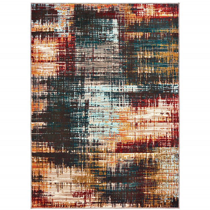 2' x 3' Blue Gold Red and Grey Abstract Power Loom Stain Resistant Area Rug