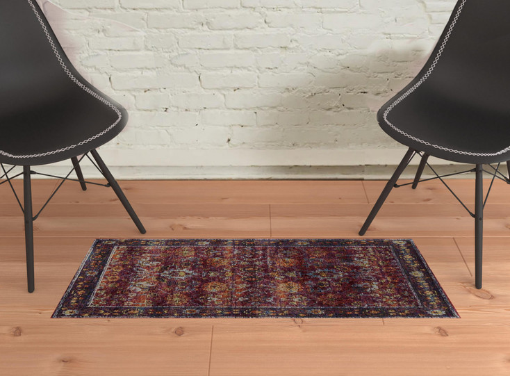 2' x 3' Red Purple Gold and Grey Oriental Power Loom Stain Resistant Area Rug
