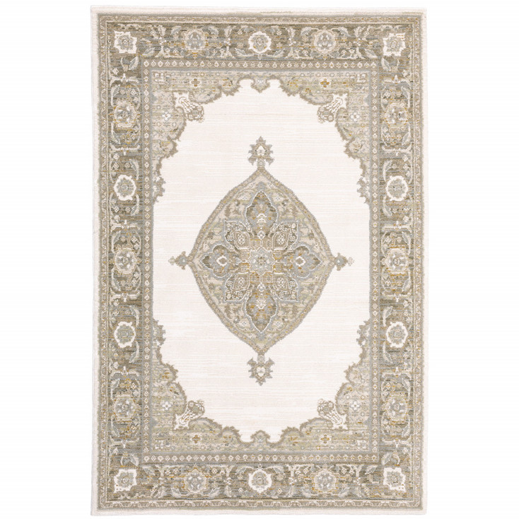 2' x 3' Beige Ivory Tan Gold Grey and Green Oriental Power Loom Area Rug