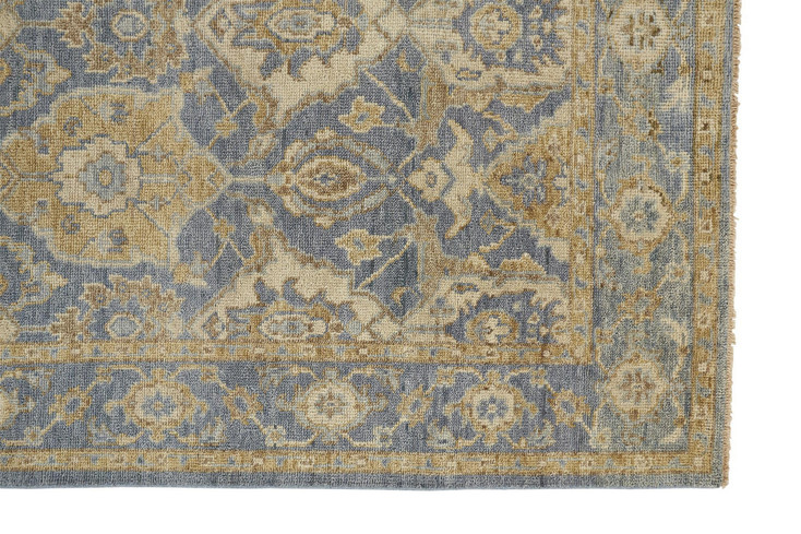 2' x 3' Blue Gold and Tan Wool Floral Hand Knotted Stain Resistant Area Rug with Fringe