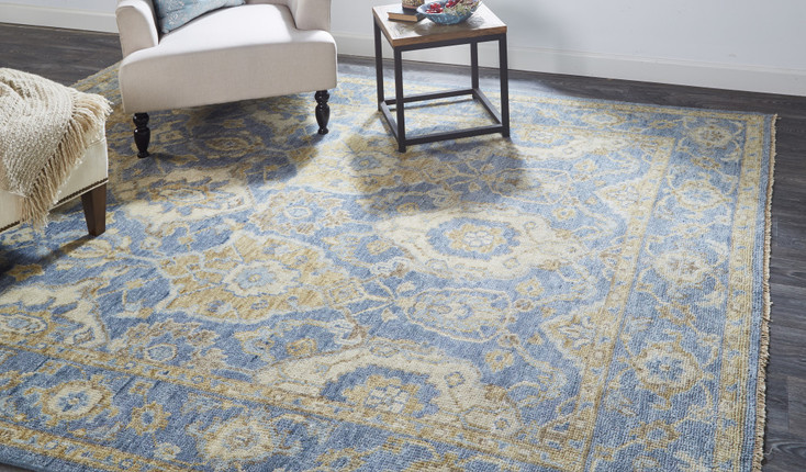 2' x 3' Blue Gold and Tan Wool Floral Hand Knotted Stain Resistant Area Rug with Fringe