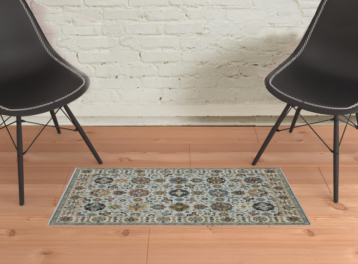 2' x 3' Blue Beige Grey Green Yellow and Rust Oriental Power Loom Area Rug with Fringe