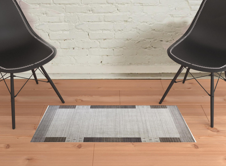 2' x 3' Gray Silver and Black Wool Hand Knotted Stain Resistant Area Rug
