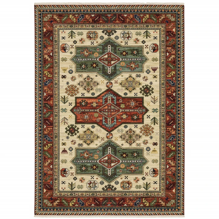2' x 3' Brick Red Orange Rust Beige Gold Pale Blue Olive Navy & Black Oriental Power Loom Rug