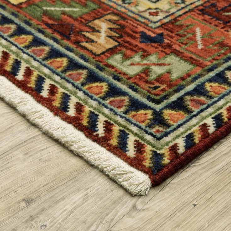 2' x 3' Brick Red Orange Rust Beige Gold Pale Blue Olive Navy & Black Oriental Power Loom Rug