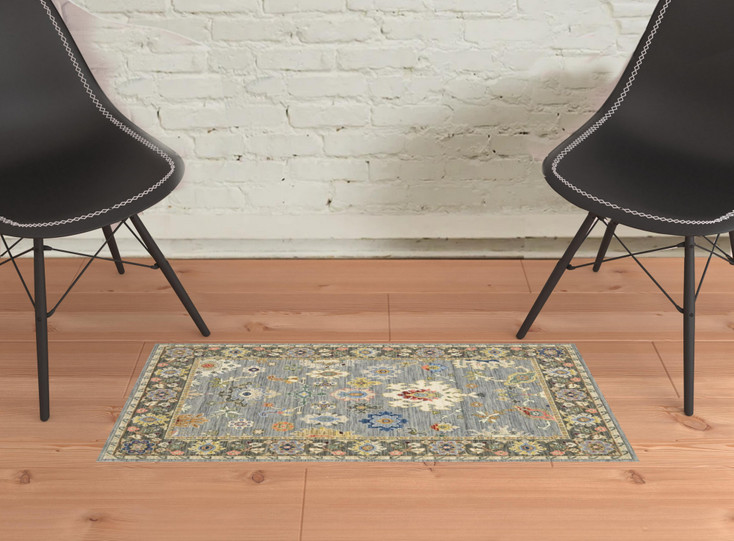 2' x 3' Blue Grey Gold Green Pink Orange Ivory and Red Oriental Power Loom Area Rug
