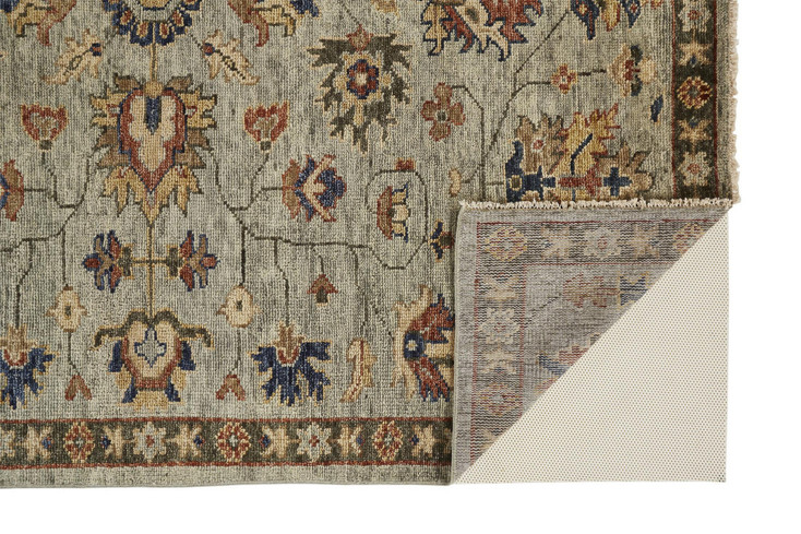 2' x 3' Gray Gold and Red Wool Floral Hand Knotted Stain Resistant Area Rug with Fringe