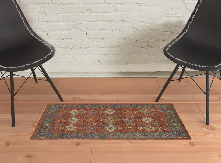 2' x 3' Red Blue and Orange Wool Floral Hand Knotted Stain Resistant Area Rug with Fringe