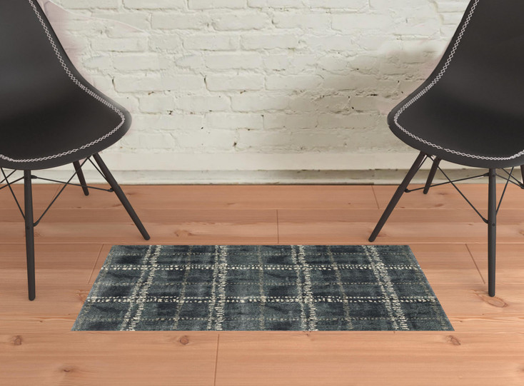2' x 3' Blue & Ivory Geometric Power Loom Stain Resistant Area Rug