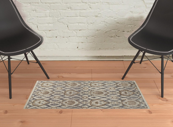 2' x 3' Ivory Gray and Taupe Wool Floral Hand Knotted Stain Resistant Area Rug