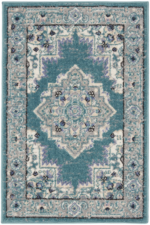 2' x 3' Aqua Floral Power Loom Distressed Area Rug