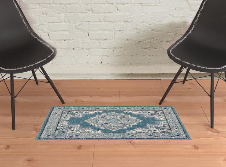 2' x 3' Aqua Floral Power Loom Distressed Area Rug