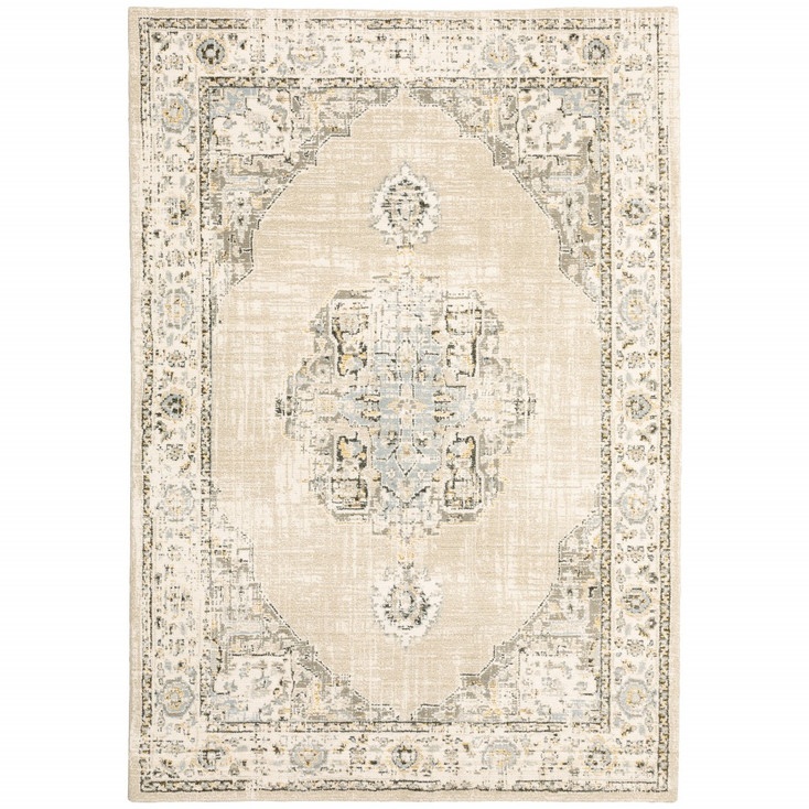 2' x 3' Beige and Ivory Center Jewel Area Rug