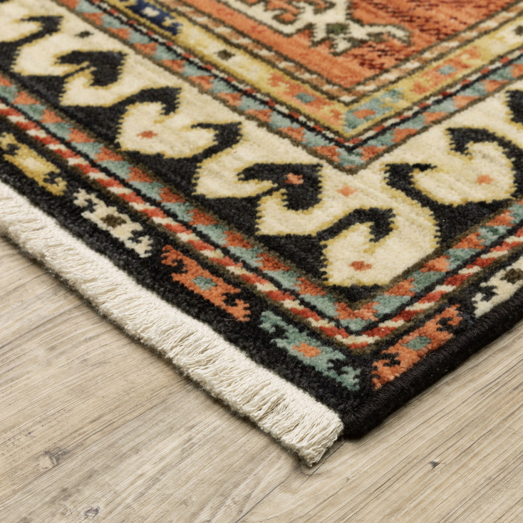 2' x 3' Charcoal Brown Orange Salmon Gold Navy Ivory & Pale Blue Oriental Power Loom Rug