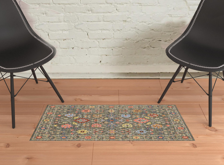 2' x 3' Grey Salmon Pink Gold Blue Rust Deep Blue Ivory & Green Oriental Power Loom Rug