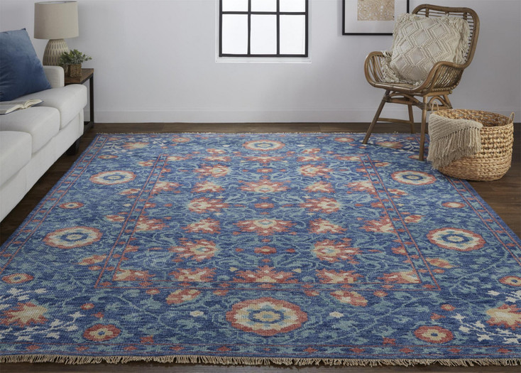 2' x 3' Blue and Red Wool Floral Hand Knotted Stain Resistant Area Rug