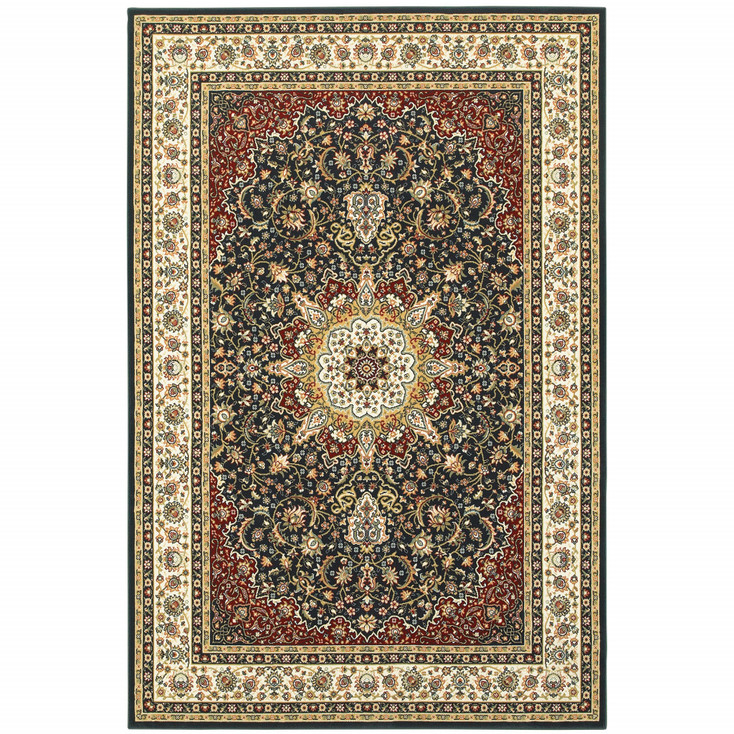 2' x 3' Navy and Ivory Oriental Power Loom Stain Resistant Area Rug
