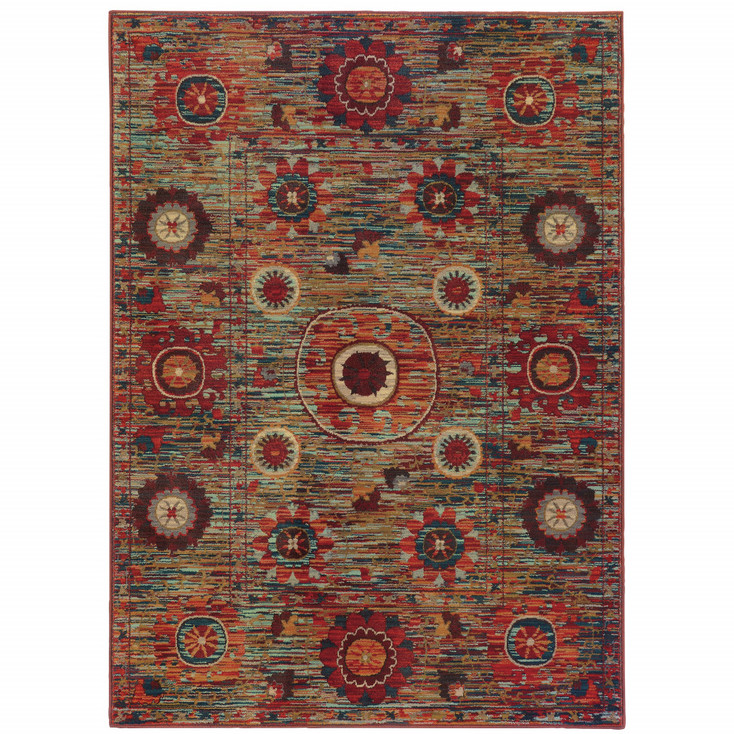 2' x 3' Red Gold Orange Green Ivory Rust and Blue Floral Power Loom Area Rug