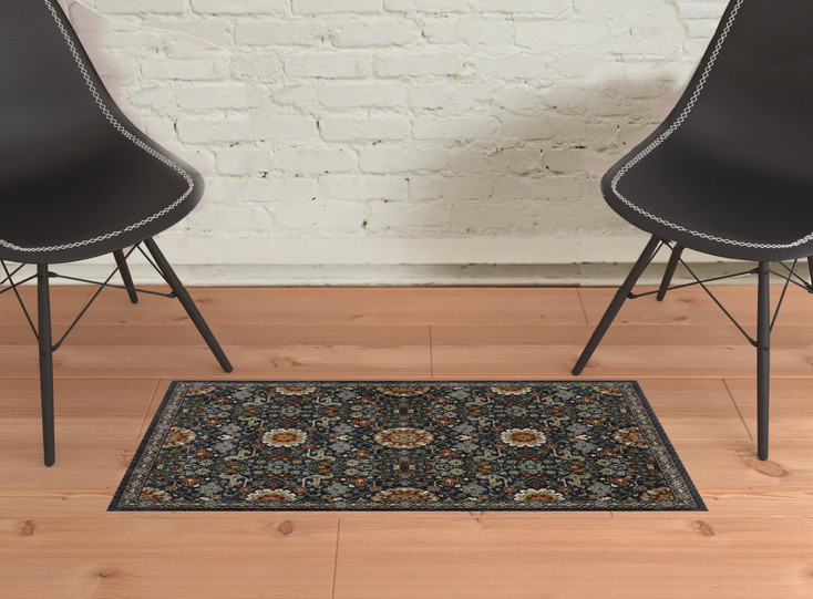 2' x 3' Blue Red Ivory and Gold Oriental Power Loom Area Rug with Fringe