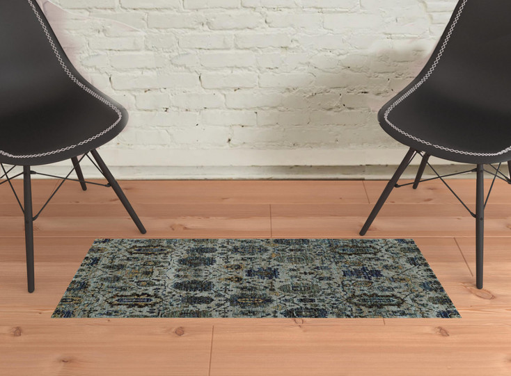 2' x 3' Blue and Navy Oriental Power Loom Stain Resistant Area Rug