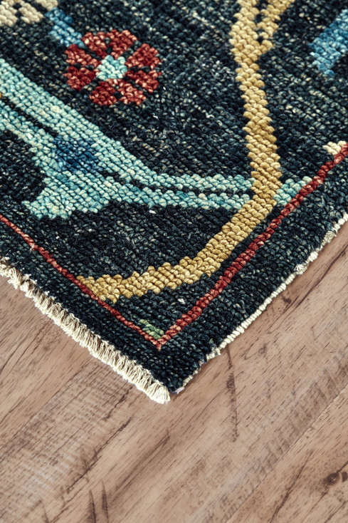 2' x 3' Blue Yellow and Red Wool Floral Hand Knotted Distressed Area Rug with Fringe