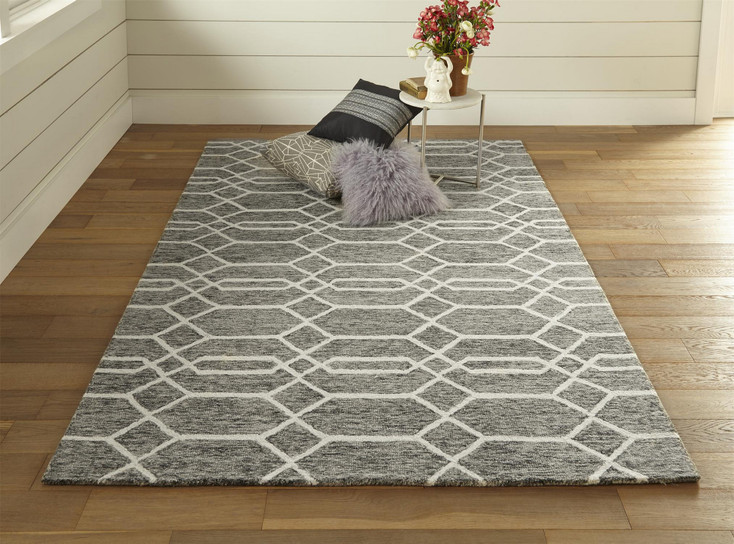 2' x 3' Gray Black and Ivory Wool Geometric Tufted Handmade Stain Resistant Area Rug