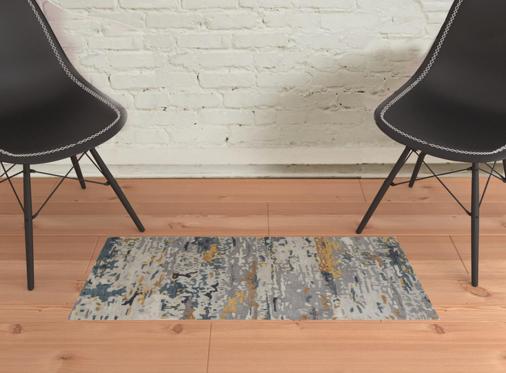 2' x 3' Gray Yellow and Blue Wool Abstract Tufted Handmade Stain Resistant Area Rug
