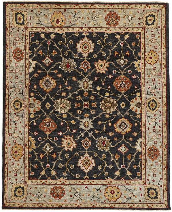 2' x 3' Black Gold and Gray Wool Floral Hand Knotted Stain Resistant Area Rug with Fringe