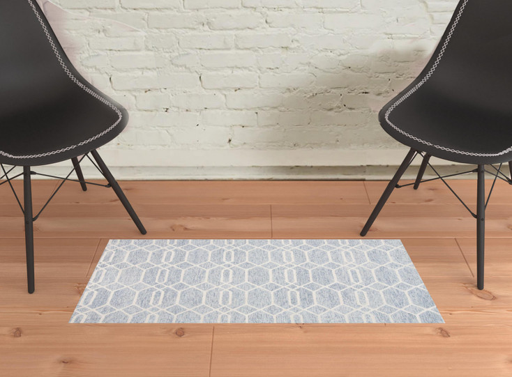 2' x 3' Blue and Ivory Wool Geometric Tufted Handmade Stain Resistant Area Rug