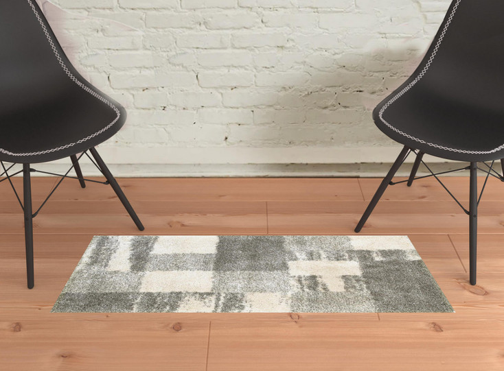2' x 3' Grey Ivory and Silver Geometric Shag Power Loom Stain Resistant Area Rug
