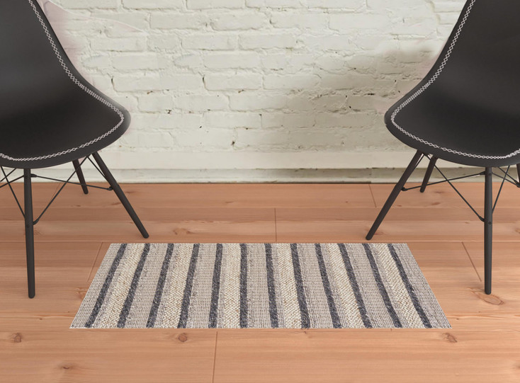 2' x 3' Ivory Tan and Gray Wool Hand Woven Stain Resistant Area Rug