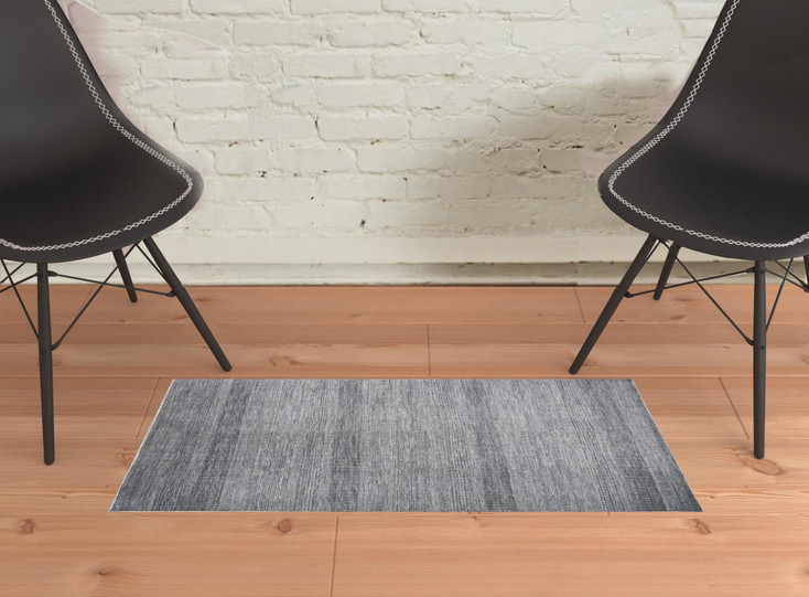 2' x 3' Silver Wool Striped Hand Knotted Area Rug