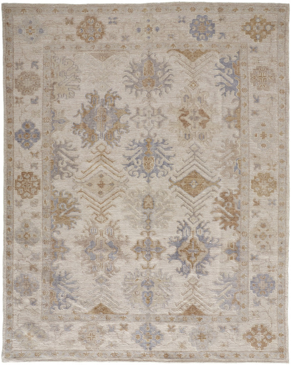 2' x 3' Ivory Tan and Blue Floral Hand Knotted Stain Resistant Area Rug