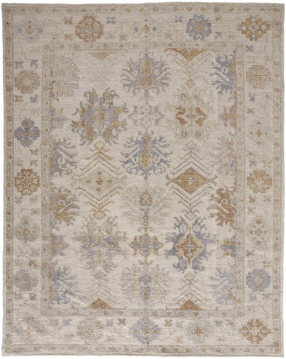 2' x 3' Ivory Tan and Blue Floral Hand Knotted Stain Resistant Area Rug
