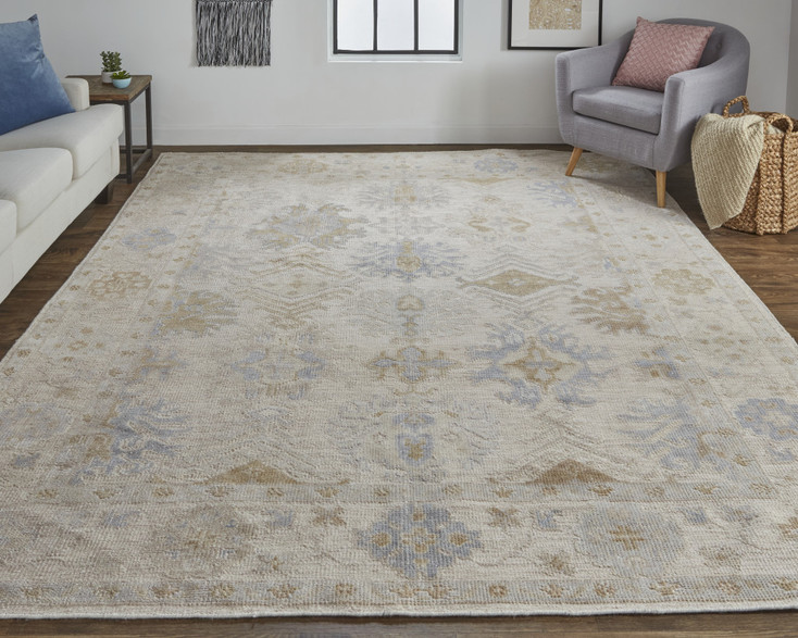 2' x 3' Ivory Tan and Blue Floral Hand Knotted Stain Resistant Area Rug