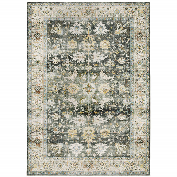 2' x 3' Grey Charcoal Gold Brown Ivory Pale Sage & Light Blue Oriental Printed Non Skid Rug