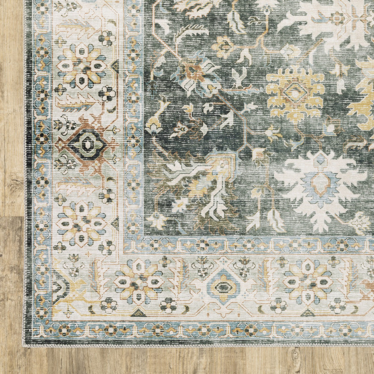 2' x 3' Grey Charcoal Gold Brown Ivory Pale Sage & Light Blue Oriental Printed Non Skid Rug