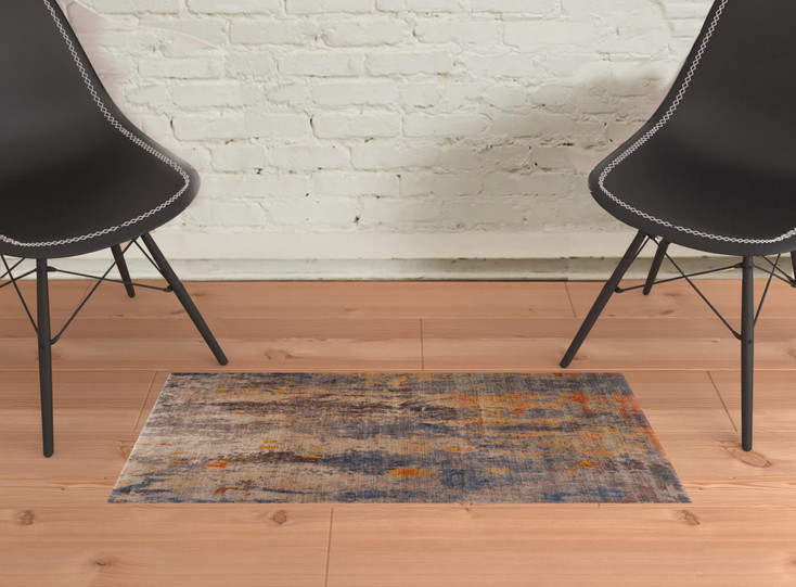 2' x 3' Beige Abstract Distressed Polyester Area Rug