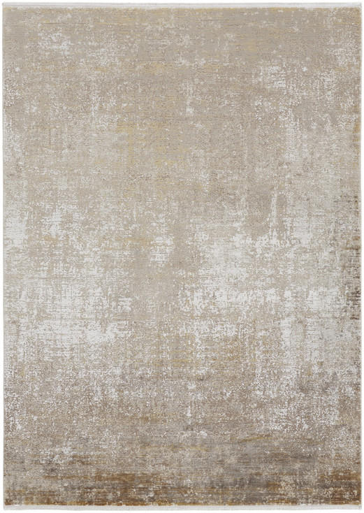 2' x 3' Taupe Ivory and Gold Abstract Area Rug with Fringe