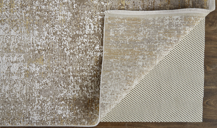 2' x 3' Taupe Ivory and Gold Abstract Area Rug with Fringe